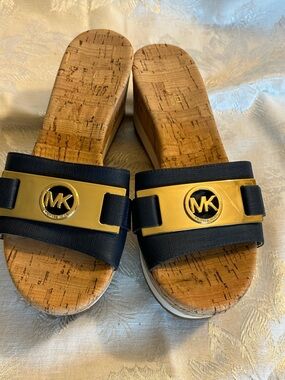 Michael Kors Navy and Gold Cork Platform Slide Sandals
